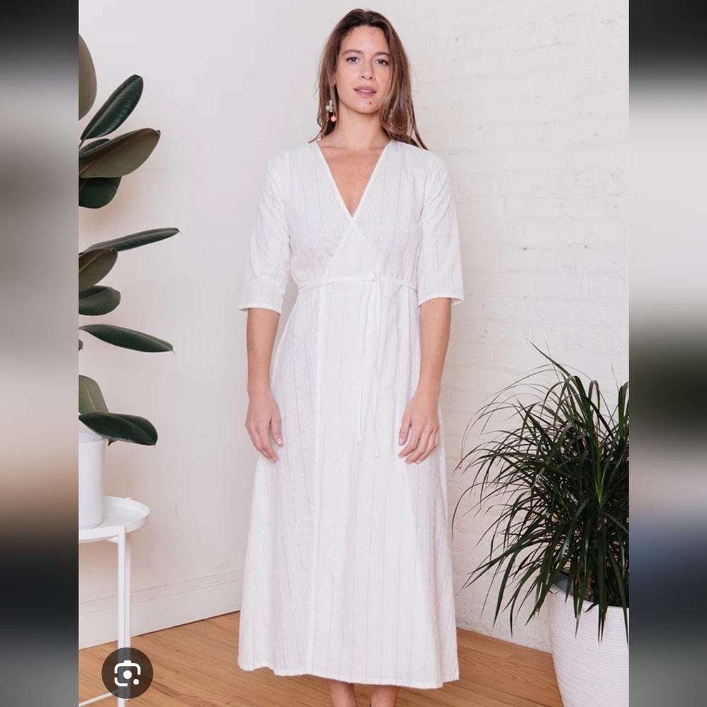 Anthropologie Mata Traders White Golden Stripe Wrap Midi Dress S